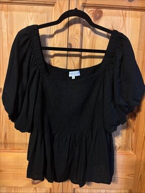 Madison Black Smocked Puff-Sleeve Peplum Top